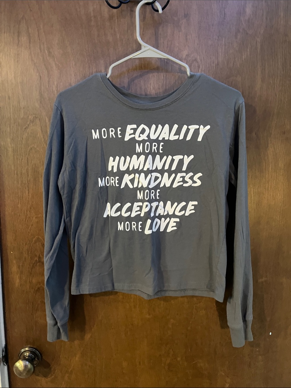 Hybrid Apparel Gray Long Sleeve Graphic Tee with 'More Equality' Slogan